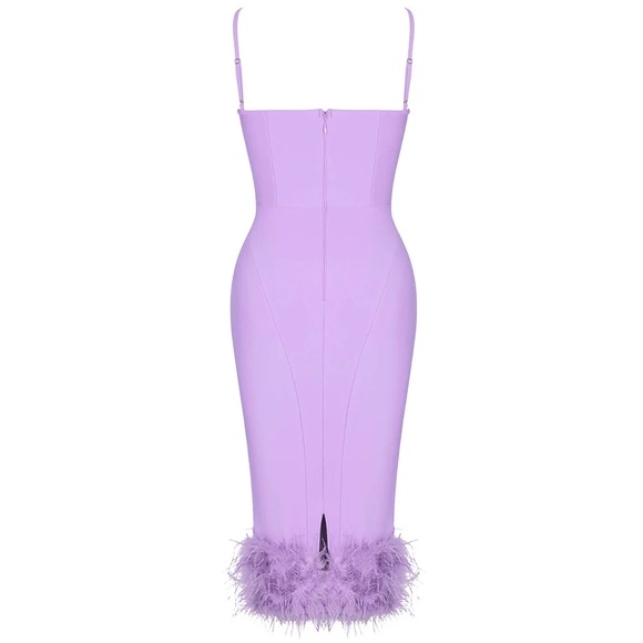 Elegant Deep Lavender Bandage Body-Con Midi Dress with Feather Detail.  NWT. - Picture 4 of 4